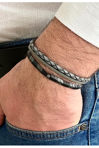 Gri Renk %100 Deri&hematit 3l3 Kombin Erkek Bileklik Set 21 Cm Türk El Üretimi Gri