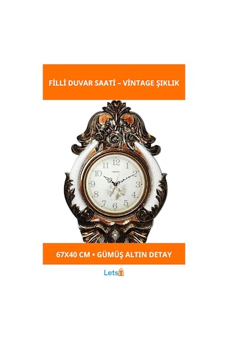 Vintage Filli Duvar Saati Zarif Gümüş Altın Çerçeve 67x40 Cm Çok Renkli