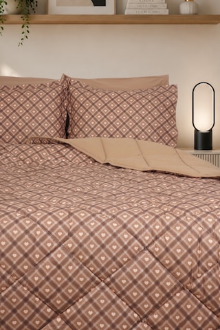Heart Luxe Çift Kişilik Kalp Desenli Premium Uyku Seti Çeyiz Seti Çeyiz Takımı Lastikli Çarşaflı %100 Pamuk Kahverengi