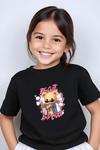 Panios Kids And Cool Baskılı Kız Çocuk Kısa Kollu T-shirt Siyah