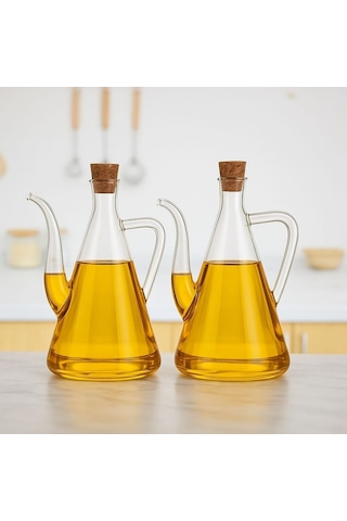 Morponi Borosilikat Cam Akasya Kapaklı Glazzy Yağlık 750 Ml+750 Ml 2 Adet Standsız Şeffaf