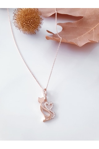 MAGRİB 925 ayar gümüş kalpli kedili Kadın gümüş kolye