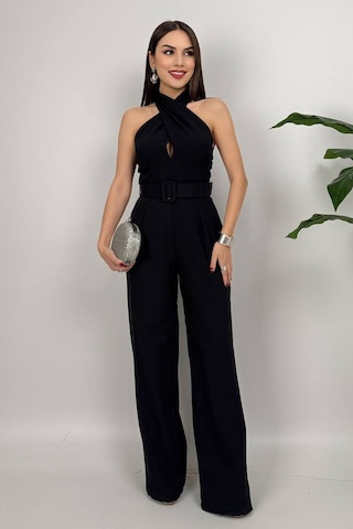 Amber Kadın Kemer Detaylı Askılı Bol Paça Siyah Tulum Rahat Şık Yazlık Kombin Siyah