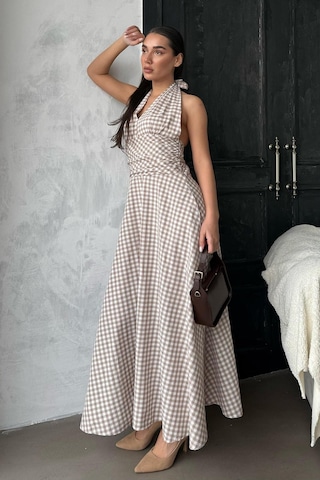 Madmext Bej Ekoseli Midi Boy Kadın Elbise Mg2350 Bej