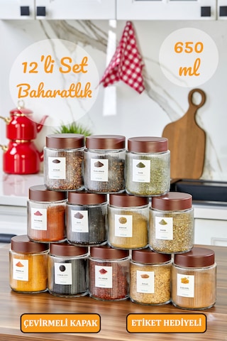 12'li Çizgili Kalın Cam Kavanoz Baharatlık Bakliyat Saklama Kavanozu Seti 650 Ml Şeffaf