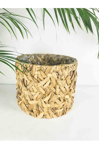 Bitki Tasarımı Yuvarlak Doğal Hasır Sepet Ferforje İskelet Sistemli Poşetli Orta