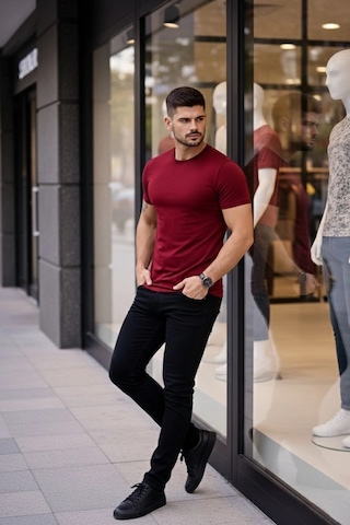 Novalisse Erkek Body Tişört Bisiklet Yaka Slim Fit Likralı T-shirt - Bordo Çoklu Renk