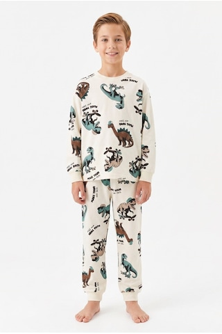Bunny Hopp Erkek Çocuk Uzun Kollu Pijama Takımı %100 Pamuk Ekru Dinamik Dinozor Desenli Penye