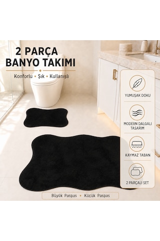 2 Li Banyo Paspası Halısı Seti Kaymaz Tabanlı Yıkanabilir Klozet Takımı Siyah