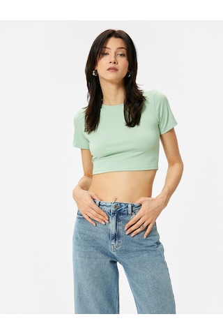 Koton Crop Tişört Bisiklet Yaka Kısa Kollu Slim Fit Yeşil 4sak50404ek Yeşil
