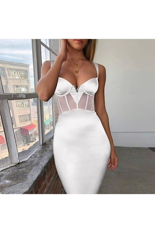 Fashion Cocktail Korse Kumaşlı Transparan Detaylı Kalın Askılı Bandaj Gece Abiye Kokteyl Davet Elbise Beyaz