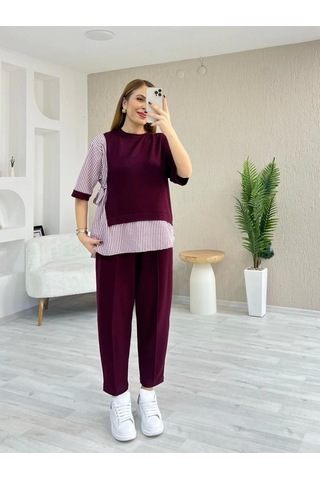 Defymoda Kadın Kristal 2 Iplik Kumaş Yanları Çizgili Takım Bordo