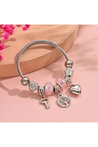 Yeni Tarz ,pembe Hayat Ağacı Crystal Kalp Aşk , Sevgi Charmlı Bileklik, Ahşap Kutu İçerisinde Gümüş Gümüş