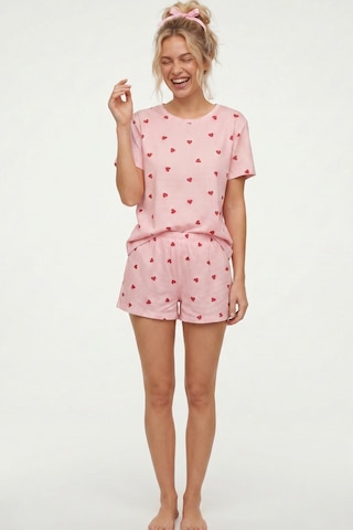 Siyah İnci İnce Soft Örme Mevsimlik Şortlu Pijama Takımı 8045 Pembe Ekose Kalp