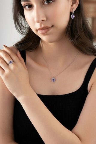 925 Ayar Ametist Taşlı Rodyum Pırlanta Işıltılı Kalp 3'lü Gümüş Set-takım Ayarlanabilir Rs10053 Gümüş