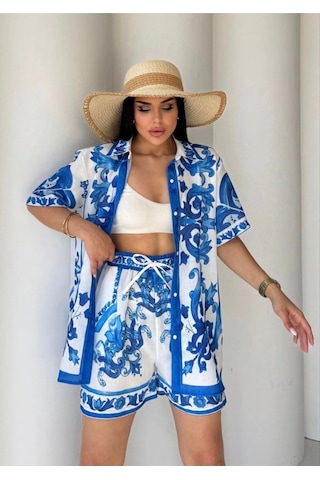 Asprin Fashion Keten Kumaş Şortlu Takım Mavi
