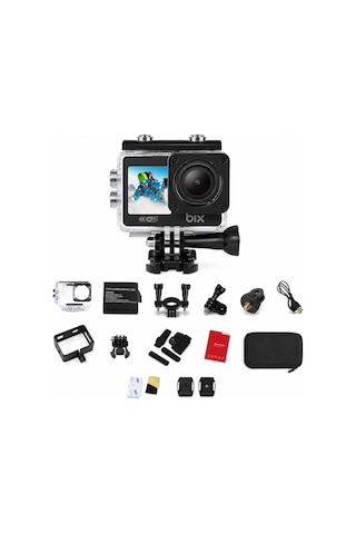 Bix Pulse 1 Wi-fi 4k 30fps Ultra Hd Aksiyon Kamerası Çift Ekranlı 30 Metre Su Geçirmez Kılıflı Vlog Bisiklet Motosiklet Kask Kamerası Siyah