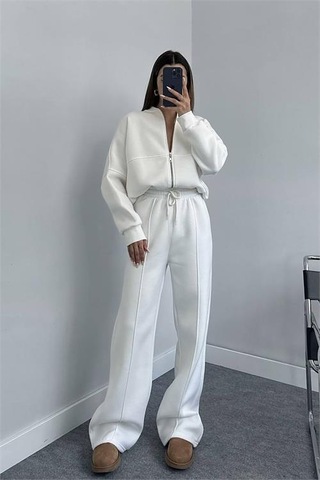 Neşeli Butik Kadın Penye 3 İplik Şardonlu Kumaş Eşofman Takımı Gts022 - Ekru Ekru