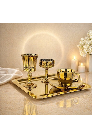 Rova Tr 1 Adet Kahve Fincanı + 1 Adet Kahve Yanı Bardağı + 1 Adet Çok Amaçlı Lokumluk + 1 Adet Tepsi Set Altın