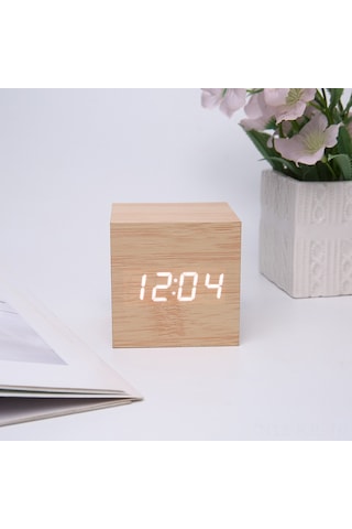 Gajeena Kare Ahşap Zamanlayıcı, Akıllı Ses Kontrollü Led Saat, Sicaklık-nem Gösterici, Zil Ve Işık Fonksiyonu, Zencefil Kaplama, Beyaz Işık