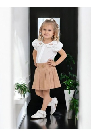 Yakası Dantelli Kız Çocuk Şort Etekli Takım Kahverengi