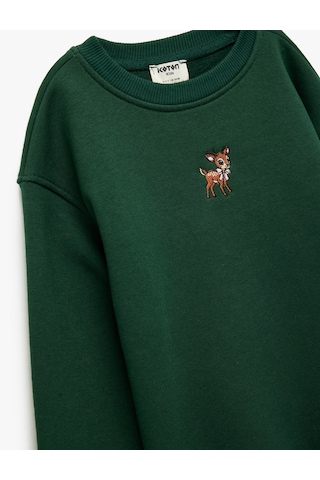 Koton Geyik Nakış Detaylı Uzun Kollu Bisiklet Yaka Şardonlu Sweatshirt Yeşil 6wkg10376ak