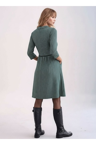 Kadın Degaje Yaka Uzun Kollu Cepli Büyük Beden Curve Şık Elbisesi Mavi