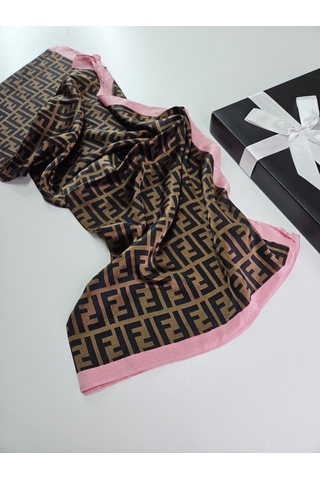 Miorel Scarfs F Desen İthal Vual İpek Şal Aksesuar Fular Silk Scarfs Shawl Hijab Kahve - Pembe Kenar