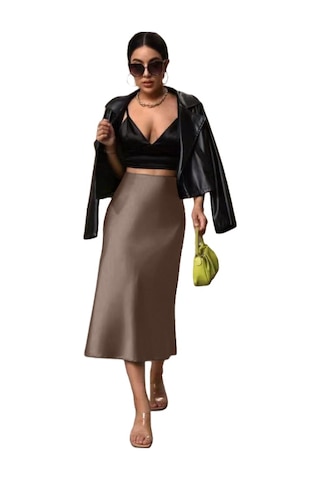 Kadın Saten Kalça Balık Etek Kahverengi