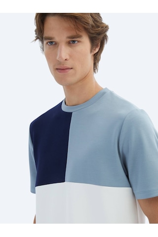 Mavi Düz Bisiklet Yaka T-shirt Mavi