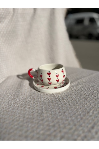 El Yapımı Seramik Kupa, Mug, Türk Kahvesi Bardağı Kalp Desenli