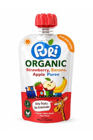 Organic %100 Organik Meyve Püresi Çilek Muz Elma 100 G İlave Şekersiz