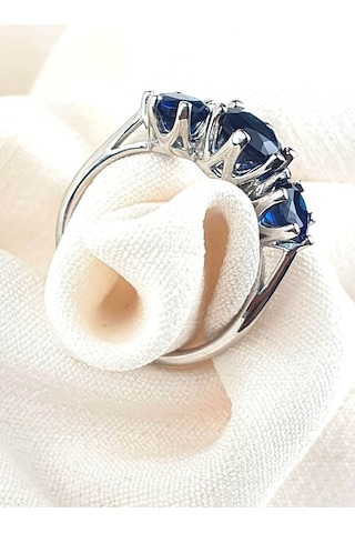 Sky Diamond Blue Creative Sapphire 925 Ayar Gümüş Lüks Tria Yüzük (521723198)