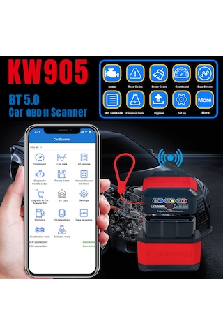 Jeehugo Konnweı Kw905 Siyah Obd Arabalar Arıza Tanı Cihazı Bluetooth 5.0 Android İos Desteği Iso 9141 Kwp2000 Can
