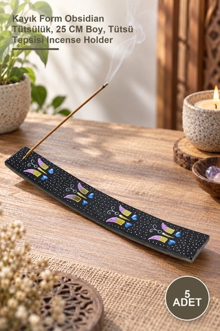 5 Adet Obsidian Taşı Kayık Tütsülük Kayık Form Obsidian Tütsülük, 25 Cm Boy, Tütsü Tepsisi Incense Holder