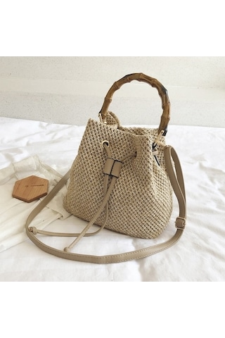 Shidai888 Hasır Çanta Omuz Messenger Çanta Bambu Kova Çanta Haki