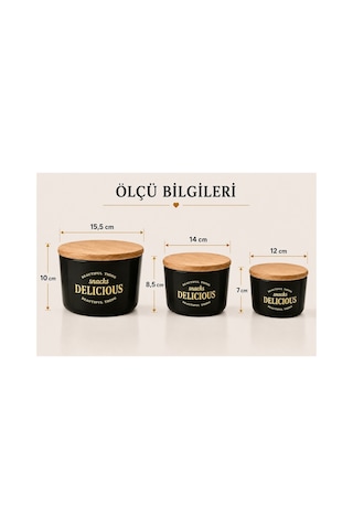 3 Lü Kapaklı Retro Dizayn Saklama Kabı Seti, Bambu Kapaklı, Mika Erzak Saklama Kabı, Bpa, Silikon Contalı Saklama Kutusu Siyah
