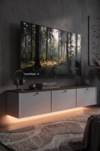 Alaska Led Işıklı Tv Ünitesi Sehpası 3 Kapaklı Duvara Monte 180cm Sepet-beyaz