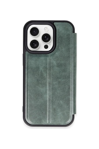 Apple iPhone Uyumlu 15 Pro Max Kılıf Flip Cover - Koyu Yeşil Diğer