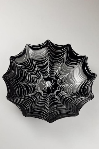 Örümcek Desen Siyah Gümüş Cam Büyük Sunum Kasesi 30 Cm