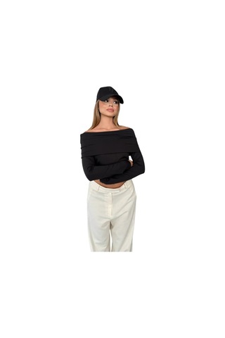 Kechi Woman Dalgıç Kumaş Madonna Yaka Beyaz Crop Siyah