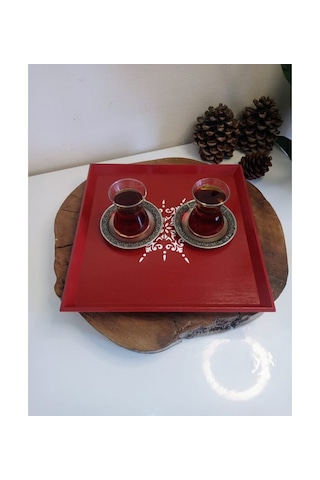 Yeni Yıl Tepsisi Ahşap Dekoratif Kare Kahve, Çay, Söz, Nişan, Sunum , Servis Tepsisi Kırmızı