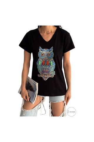 Cassime Kadın Siyah Baykuş Desenli Pul Payet İşlemeli Büyük Beden %100 Pamuk Tişört Xl-2xl-3xl