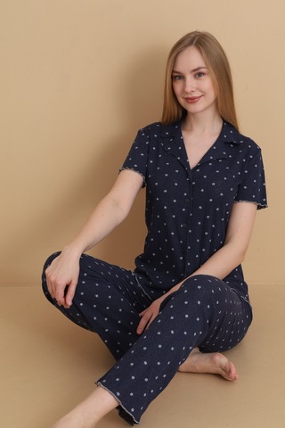 Wordex Mirano 1709 Çiçekli Pointel İnce Kumaş Düğmeli Kısa Kollu Kadın Pijama Takımı Lacivert