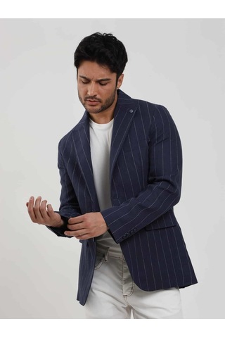 Dufy Lacivert Erkek Regular Fit Çizgili Sivri Yaka Keten Ceket - 104439-lacivert Lacivert