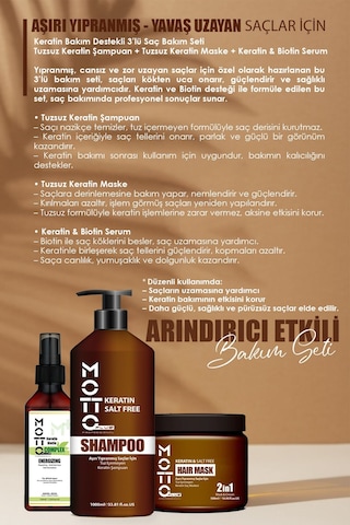 Motto Plus Professional Yavaş Uzayan-aşırı Yıpranmış Saçlar İçin Tuzsuz Keratinli 3'lü Saç Bakım Seti Şampuan-maske-serum