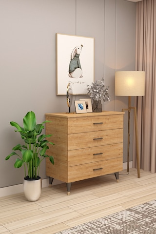 Asra Trend 4 Çekmeceli Şifonyer ŞF-02 %100 MDF Geniş Saklama Ünitesi Safir Meşe