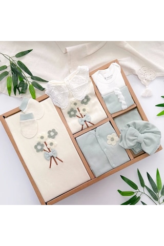 10 Parça Bebek Hastane Çıkışı Fiyonk Ve Çiçek Detaylı Yeşil Yeşil