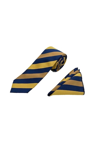 Brianze Sarı Gold Lacivert Çizgili Kravat Mendil Set 83742476