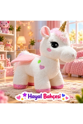 Kanatlı Boynuzlu Unicorn Pony Peluş Oyuncak 55 Cm Açık Mavi